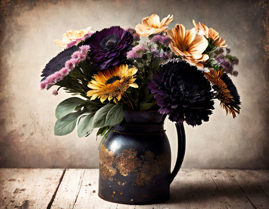 Mixed Purple and Yellow Flowers in Dark Vase on Vintage Background