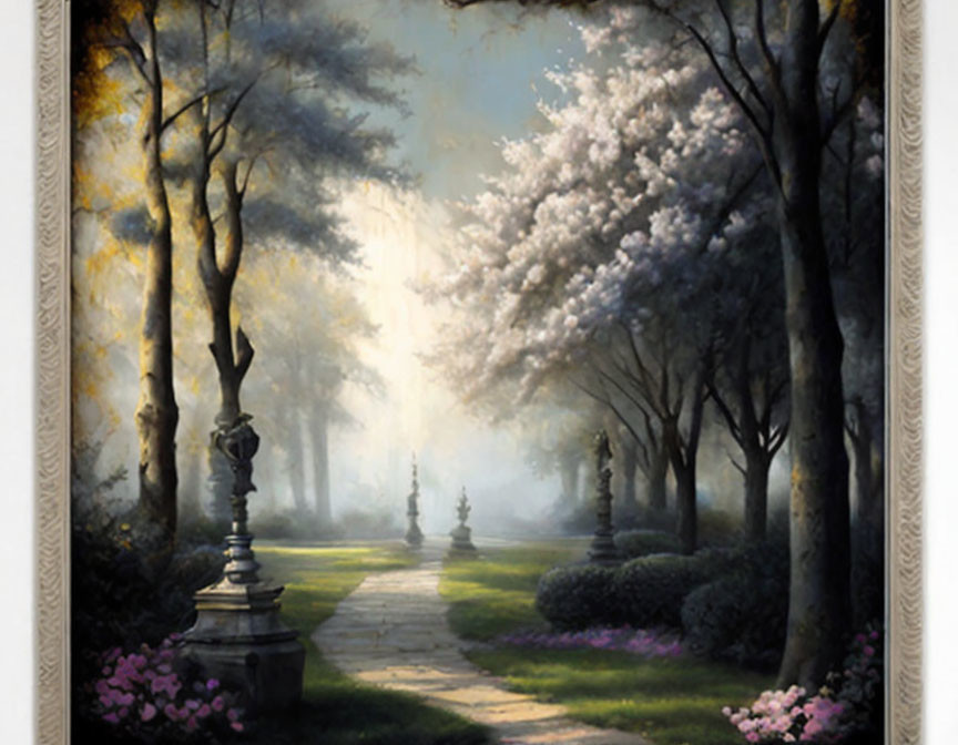 Tranquil painting of sunlit park pathway and statues