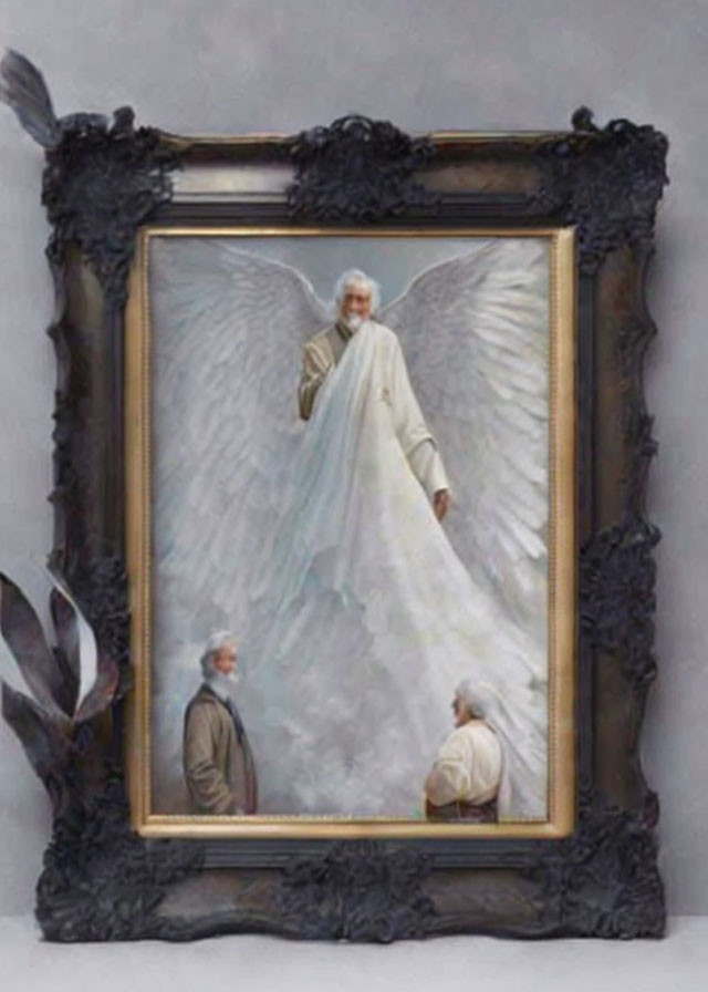 Ornate frame with angel painting and observers in gallery setting