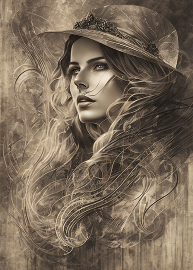 Sepia-toned portrait of woman with flowing hair, ornate crown, and wide-brimmed