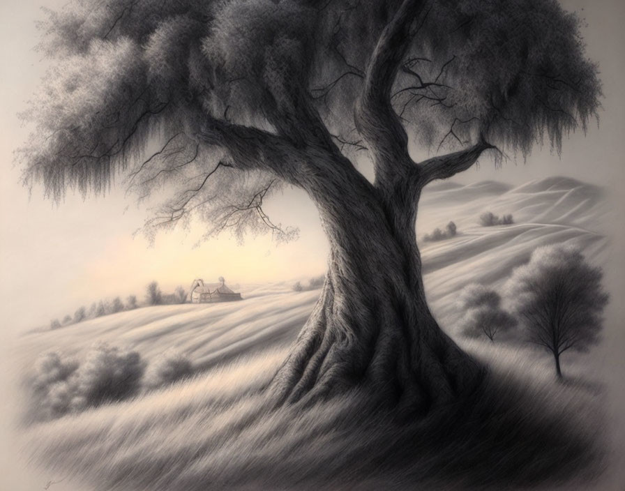 Monochromatic sketch of majestic tree on hilly landscape