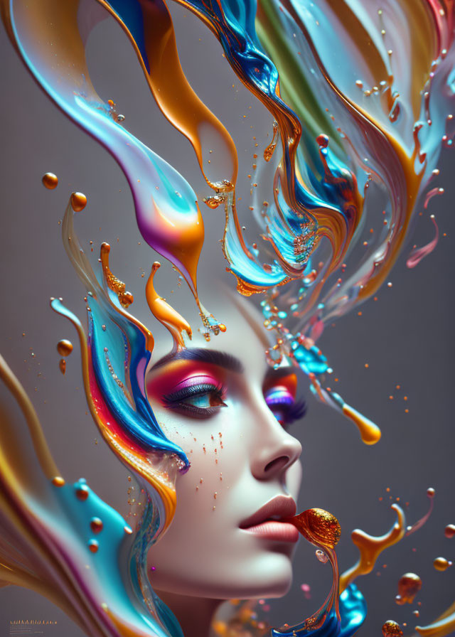 Colorful liquid streams surround woman in surreal portrait