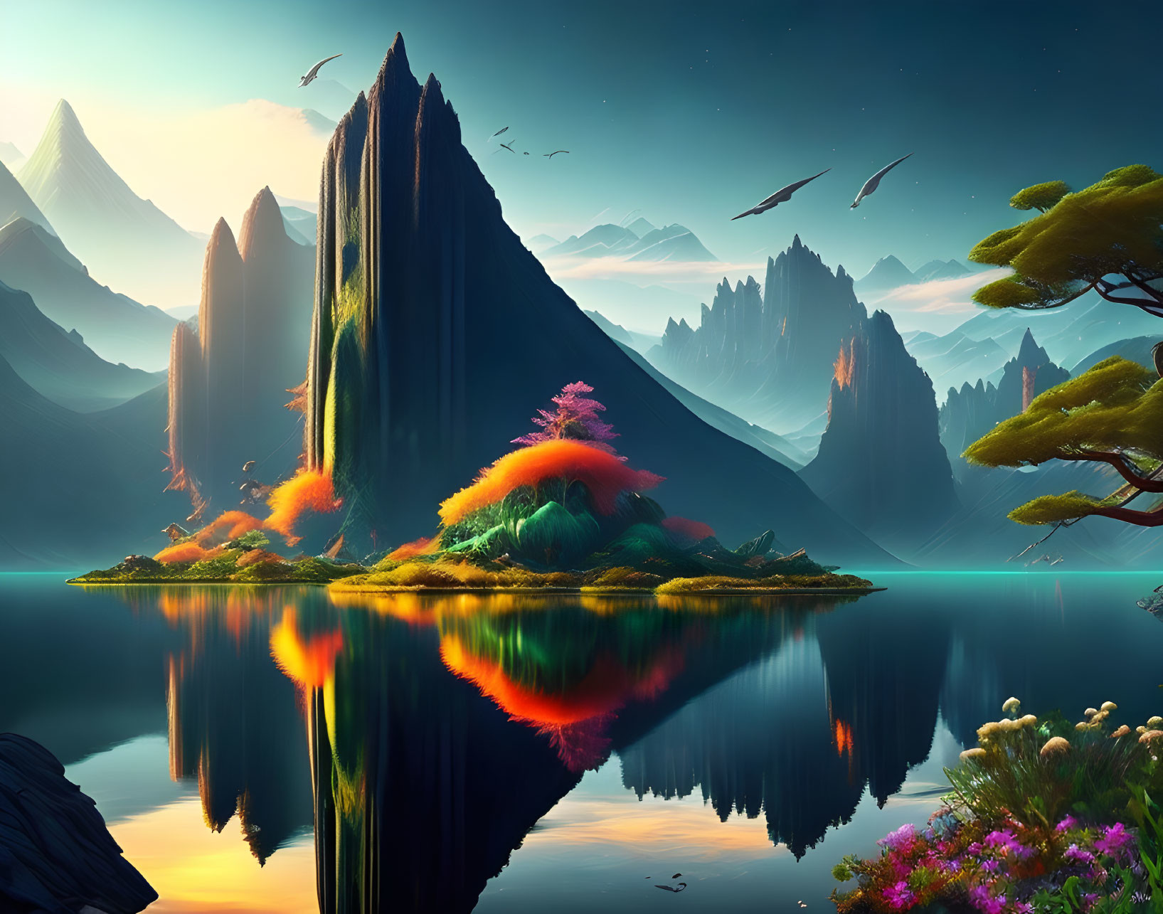 Vivid Fantasy Landscape: Tranquil Lake, Towering Mountains