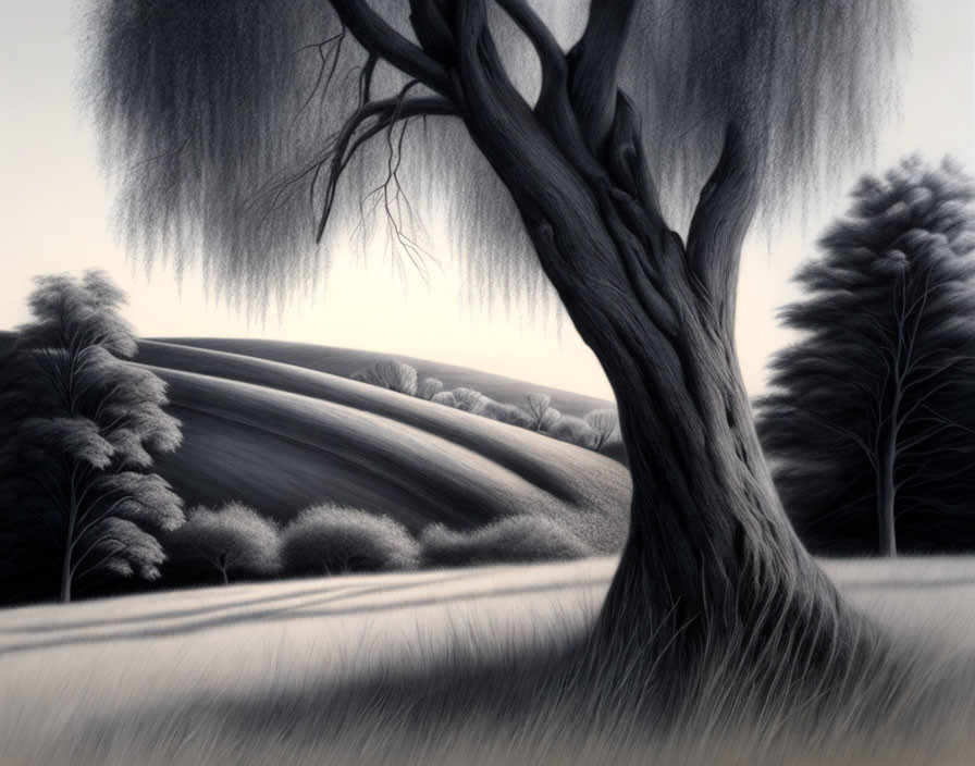 Monochromatic landscape with weeping willow tree and rolling hills