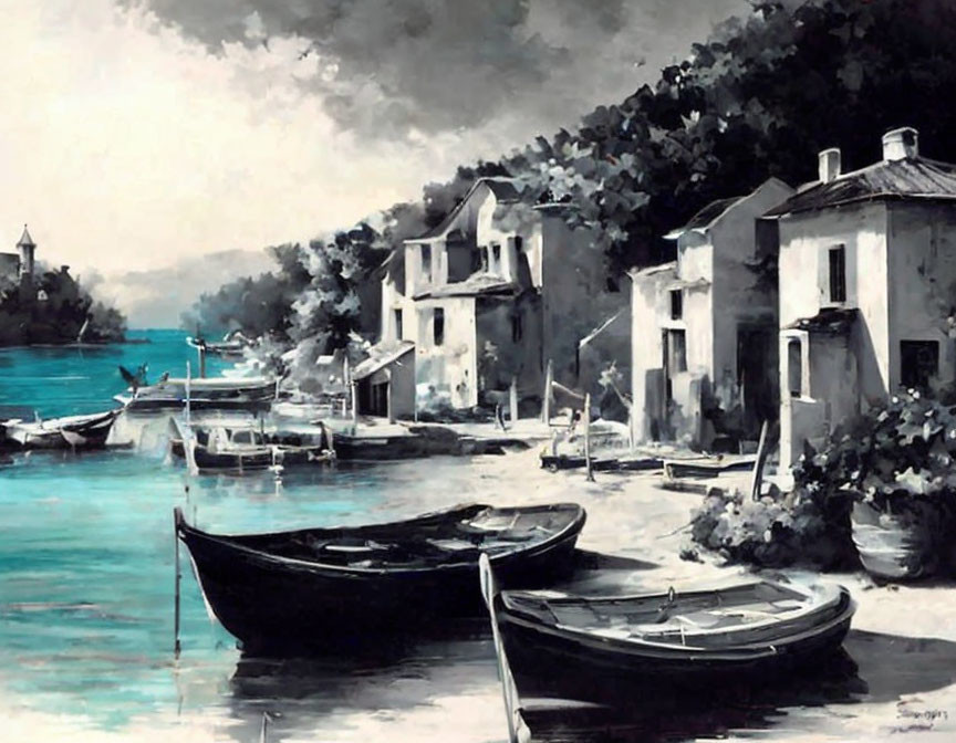 Seaside scene with moored boats, white buildings, trees, and cloudy sky