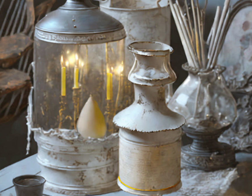 Antique table setting with vintage lantern, candles, rustic vase, and dried plants