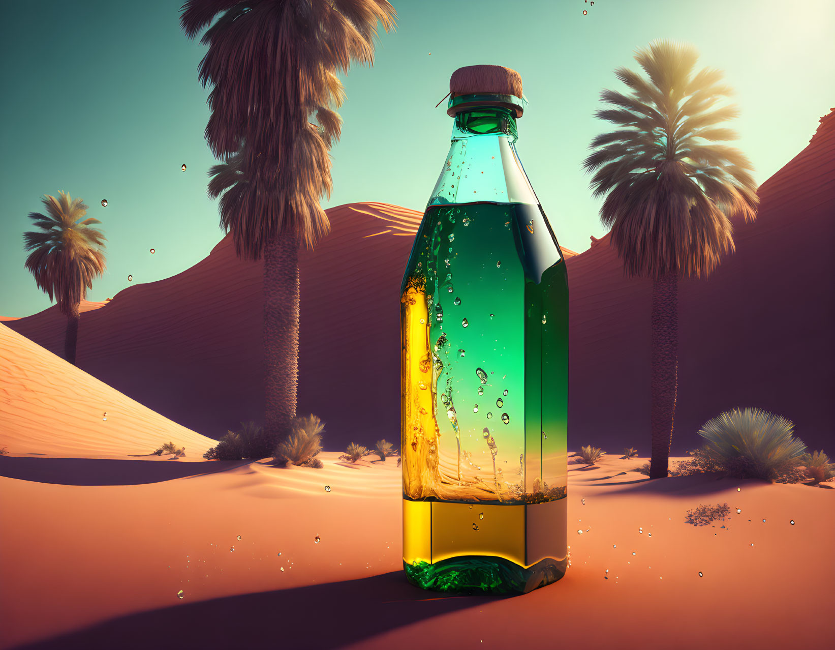 Soda bottle with bubbles in desert landscape with palm trees and dunes