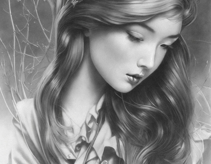 Monochrome illustration of woman with long hair and delicate features