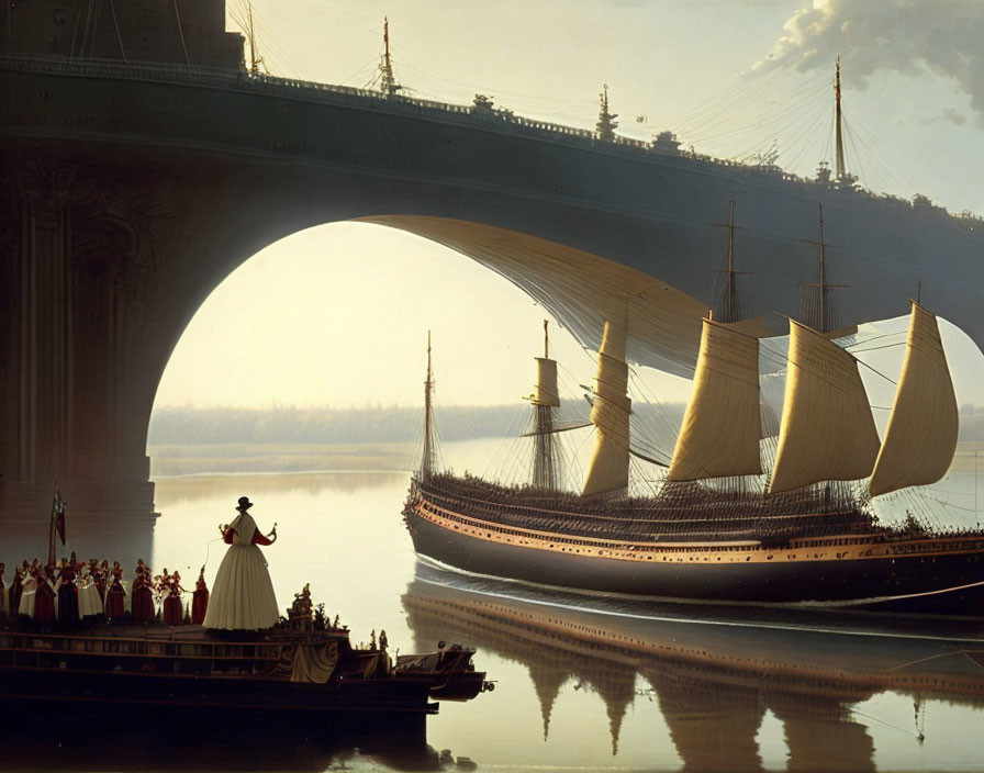 Sailboat Passing Under Arch Bridge with Period-Clothed Observers