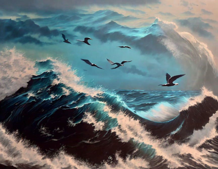 Stormy sea painting with towering waves and seagulls under dramatic sky