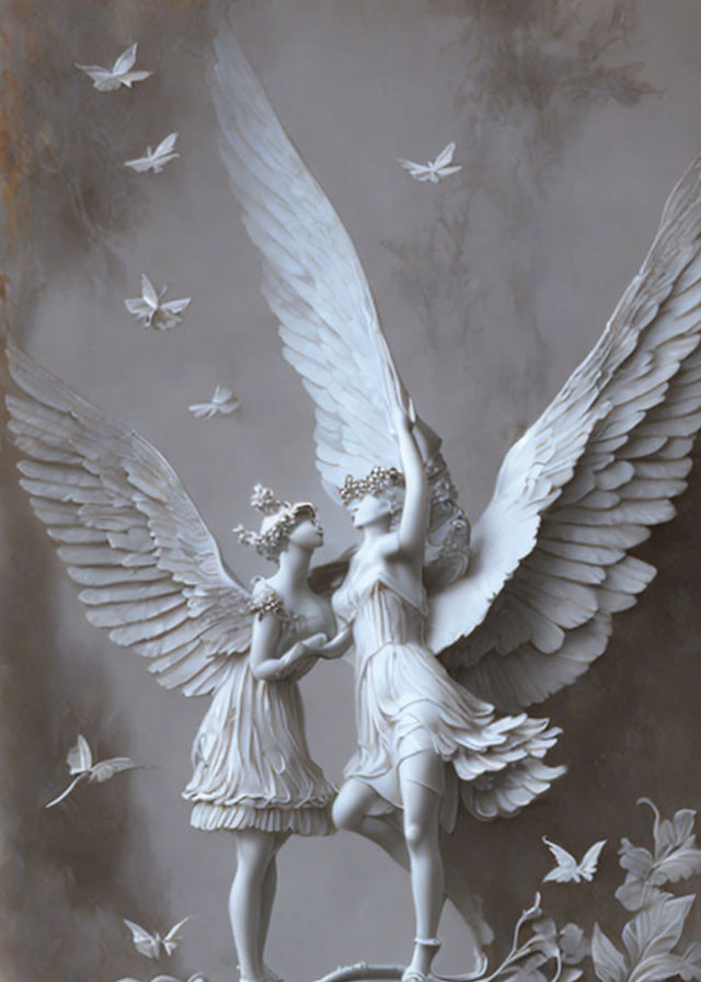 Angelic statues with widespread wings and wreaths embracing mid-flight among birds against a cloudy backdrop