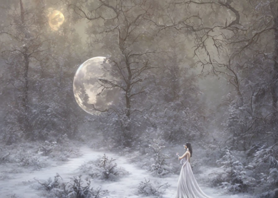 Surreal winter scene: Woman, moons, snowy trees