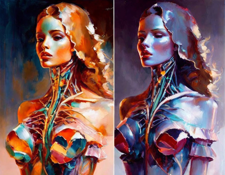 Colorful diptych paintings of a woman with prominent cheekbones in vibrant attire