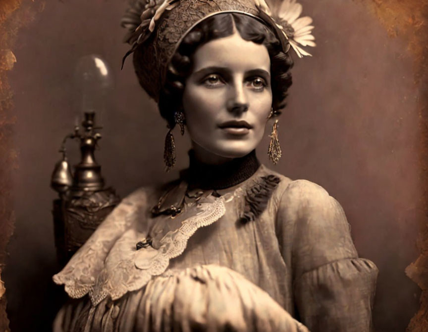 Sepia-Toned Vintage Portrait of Woman in Ornate Attire