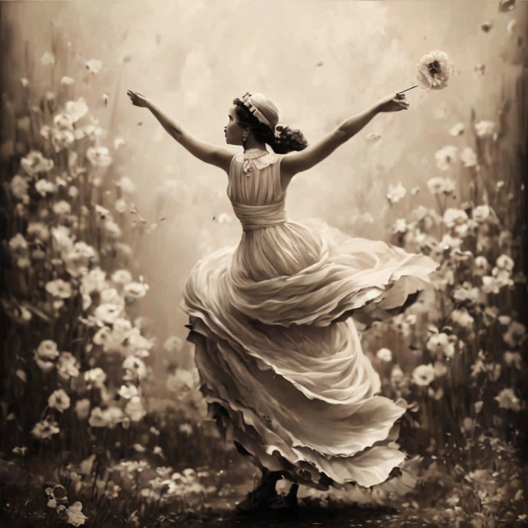 Graceful woman dancing in flower field with outstretched arms and bouquet