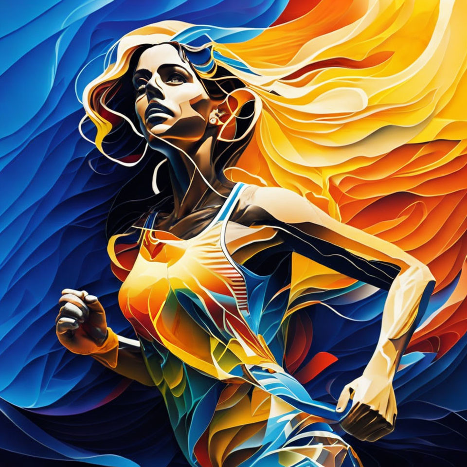 Colorful Abstract Illustration: Woman Running in Blue, Orange, and Yellow Hues