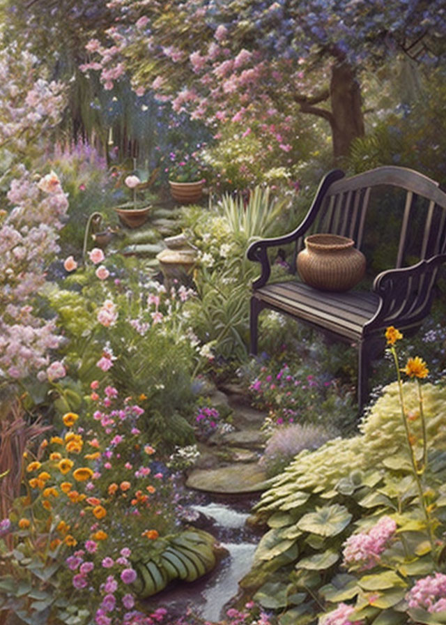 Tranquil garden path with flowers, wooden bench, and terracotta pots