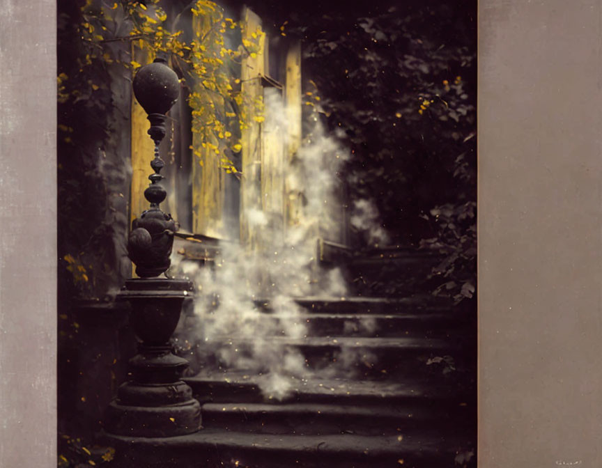 Ornate railing staircase in foggy ambiance with illuminated doorway