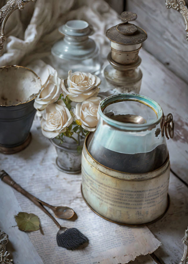 Vintage Still Life: White Roses, Glass Bottles, Feather on Wooden Surface