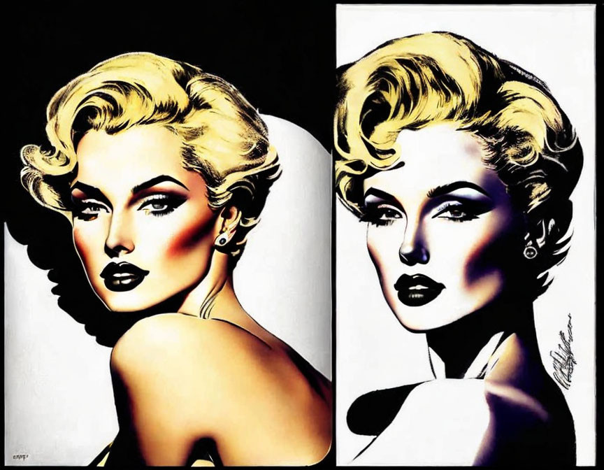 Blonde woman in pop art style with bold makeup on black and white background