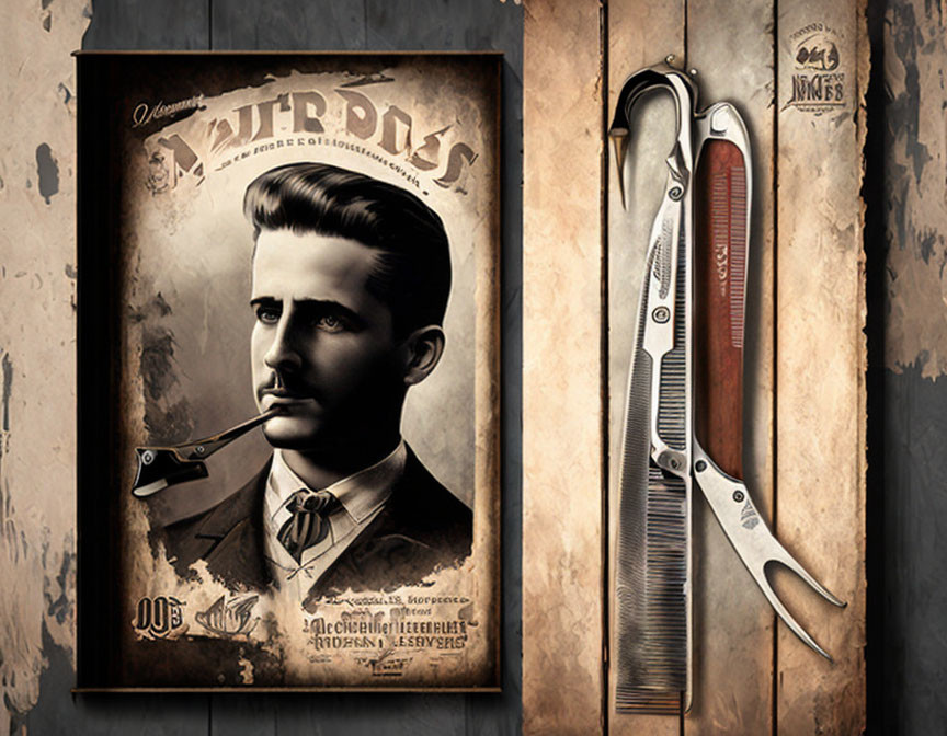 Classic Barbershop Poster with Man Portrait and Razor on Wood Background