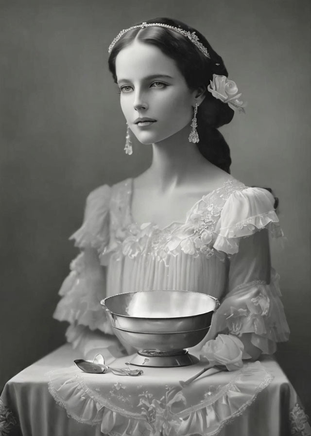 Monochrome portrait of woman in tiara and vintage dress with floral details