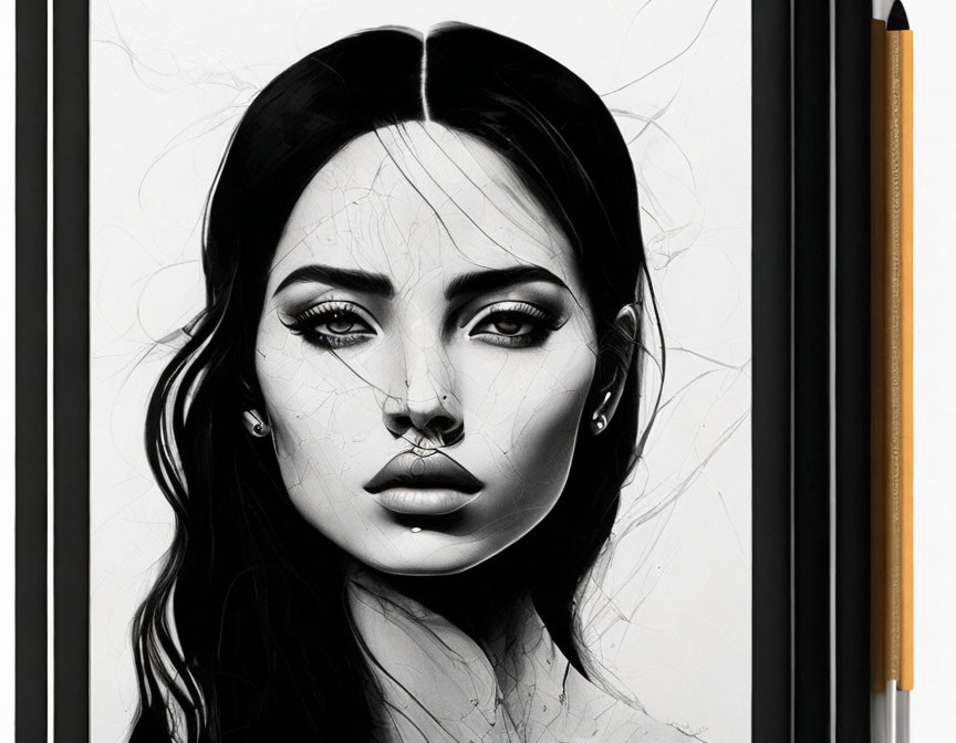 Monochrome digital portrait of a woman with striking features and a pencil