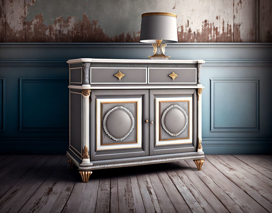 White Cabinet with Gold Trim on Blue Paneled Wall