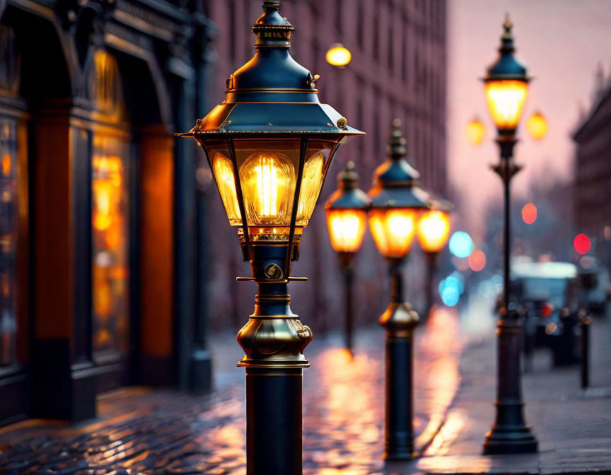 Vintage Street Lamps Illuminate Cobbled Street at Twilight