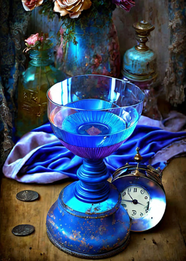 Vintage Blue Goblet with Pocket Watch, Coins, and Purple Fabric on Ornate Table