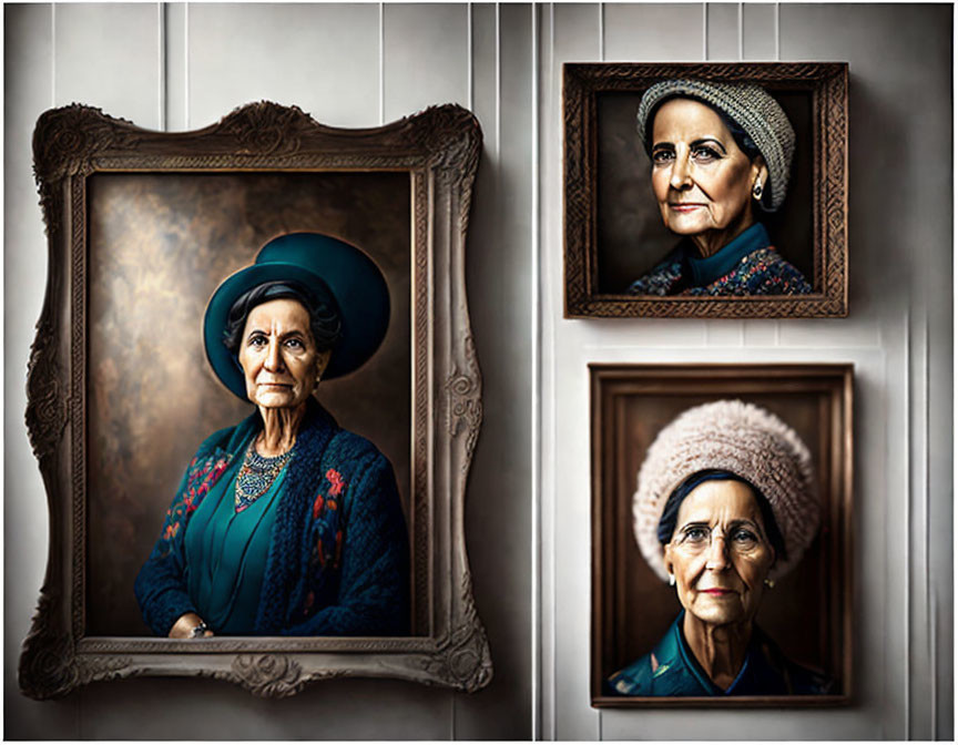 Two Framed Portraits of Older Woman in Blue Outfit and Hat