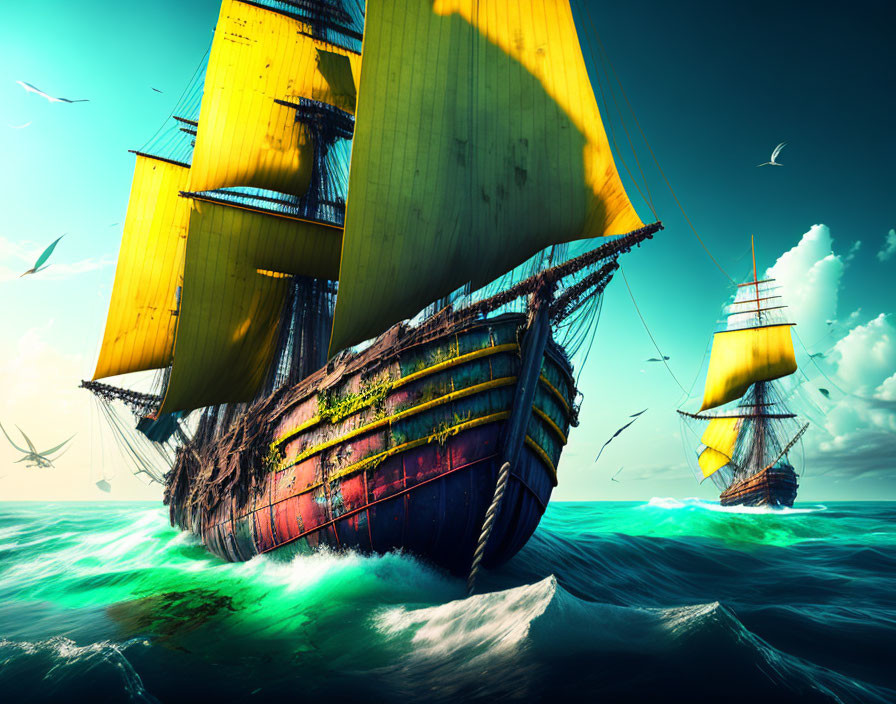 Majestic tall ships with yellow sails on vibrant ocean scene