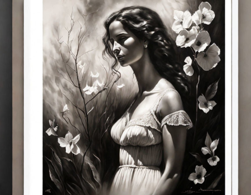 Monochromatic artwork: serene woman, flowing hair, delicate flowers, butterflies