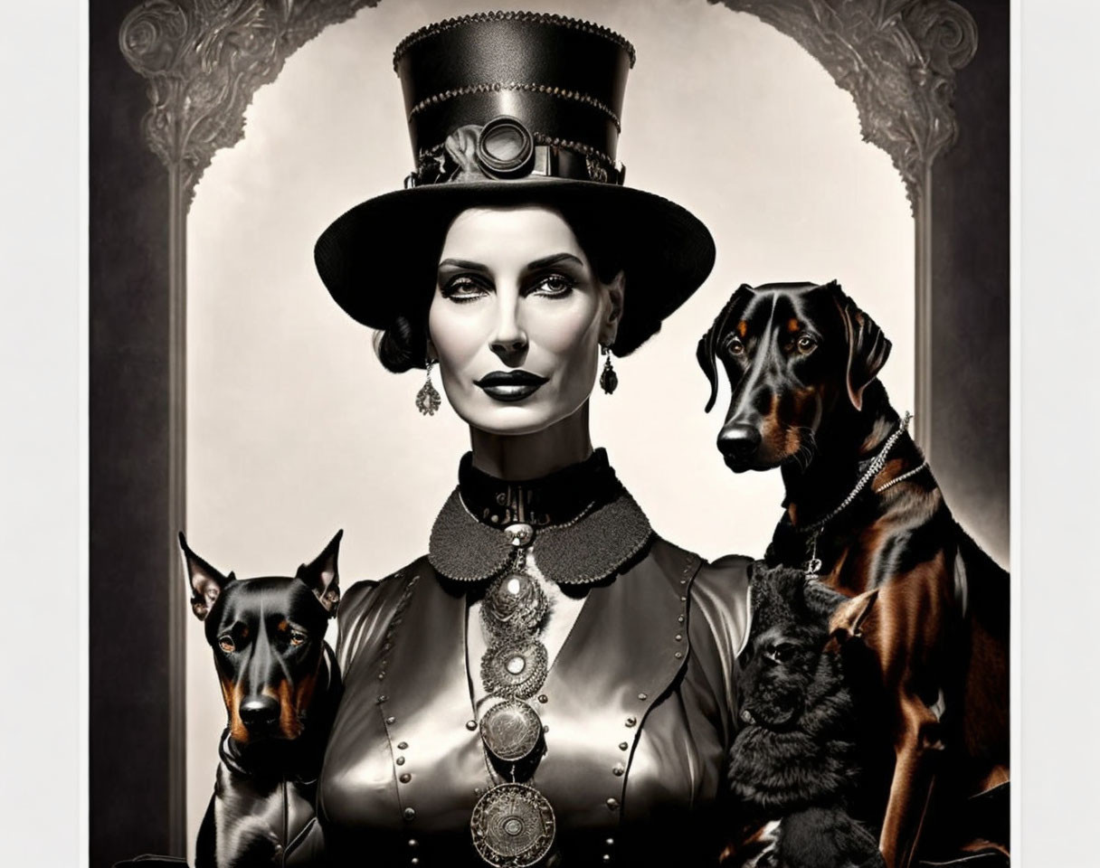 Monochrome Victorian woman portrait with top hat and elegant dogs