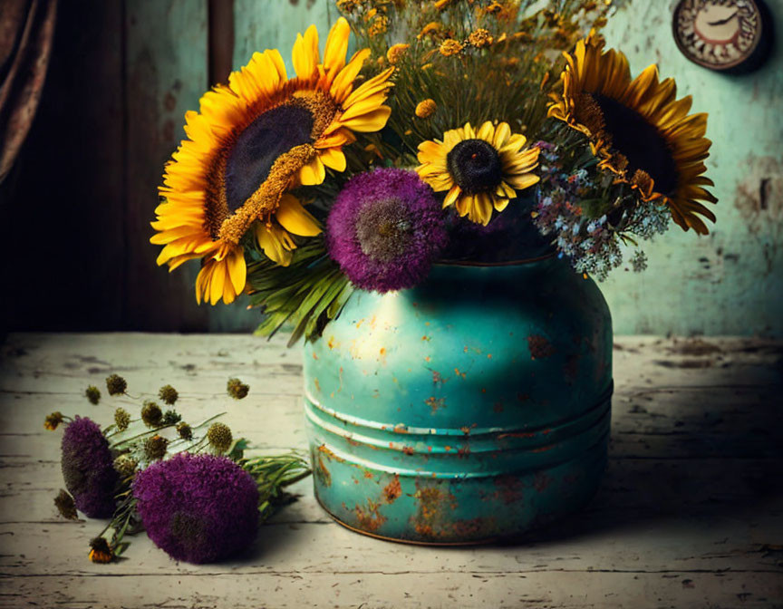 Sunflowers and Wildflowers in Vintage Teal Vase on Wooden Backdrop