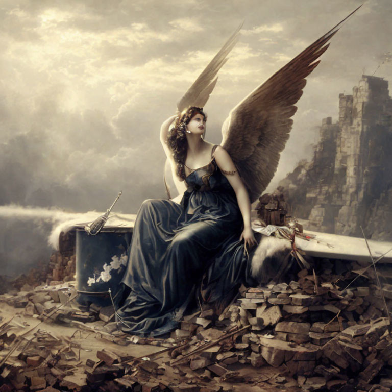 Angel with large wings holding a sword in ruins under cloudy sky