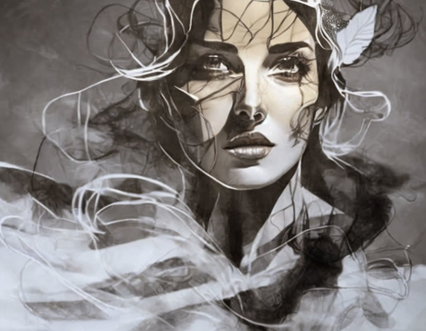 Monochrome artistic portrait of woman with flowing hair and abstract elements