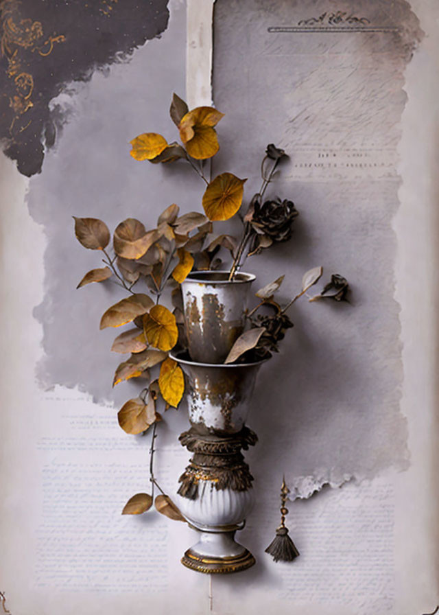 Vintage Vase and Dried Flowers on Aged Document Background