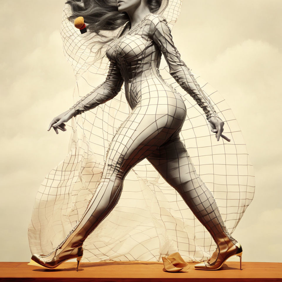 Surreal 3D Art: Female Figure in Grid Texture, High Heels, Orange Lev