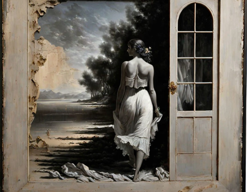 Woman in white dress standing at weathered doorway overlooking beachscape under stormy sky