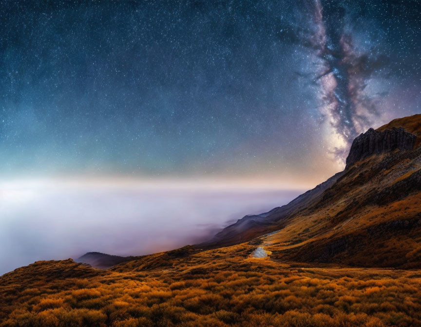 Starry Night Sky Over Misty Mountain Landscape