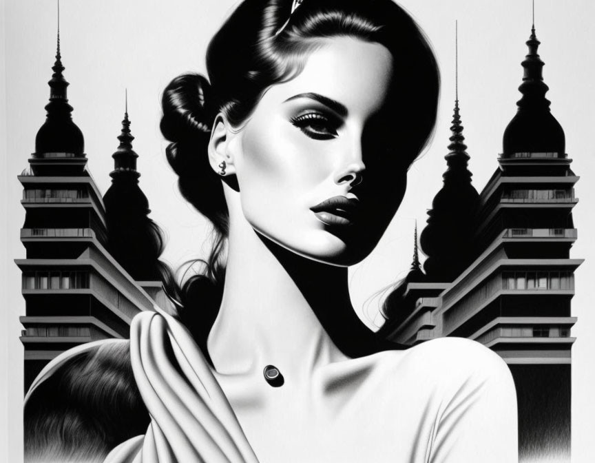 Monochrome illustration of a stylized woman with elegant hairstyle and makeup against intricate towers and spires