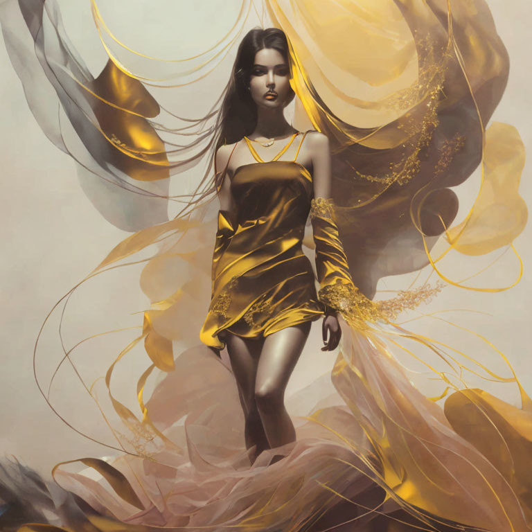 Woman in flowing golden dress with impassive expression