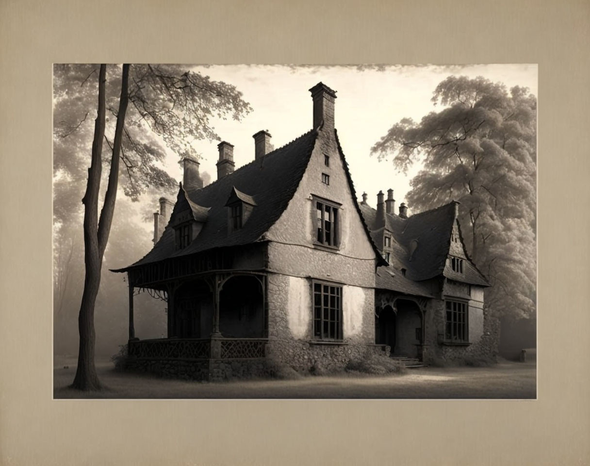 Vintage house with steep roofs and porch in sepia tones amid leafy trees