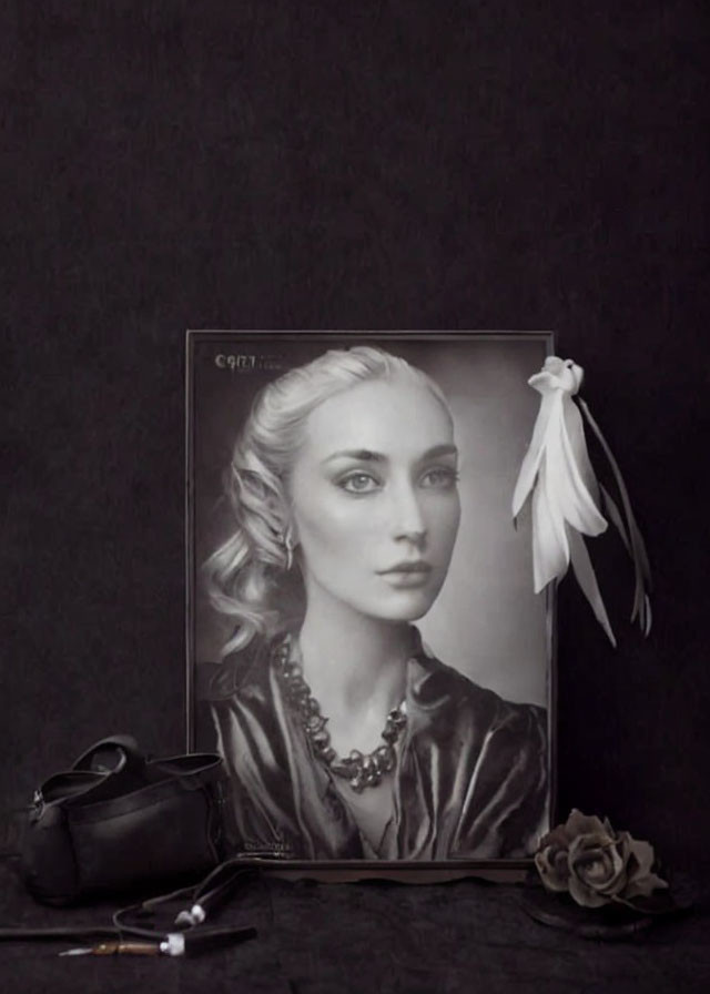 Monochromatic still life with framed portrait, purse, scissors, flower, and pen