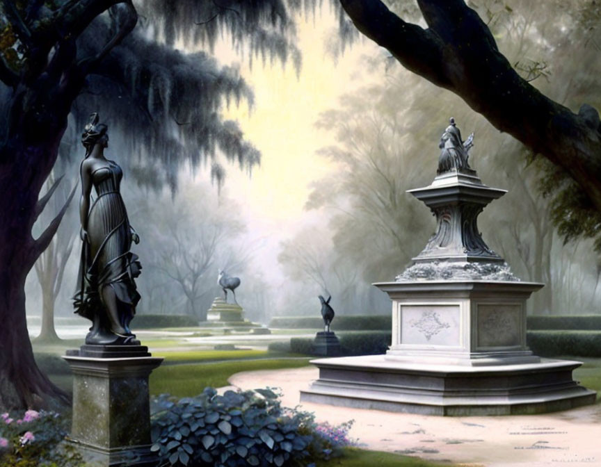 Classical statues in misty garden with Spanish moss