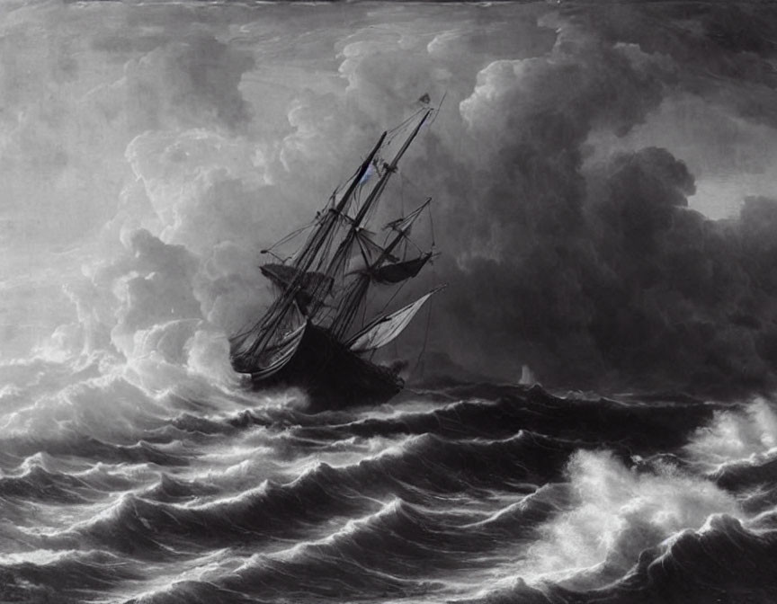 Monochrome painting of ship in turbulent seas and stormy sky