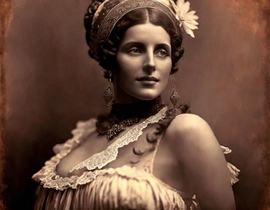 Sepia-Toned Vintage Portrait of Woman with Elaborate Headdress and Lace Collar