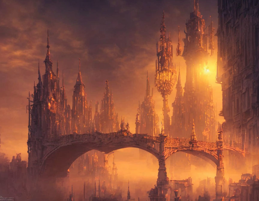 Gothic cityscape with arched bridge at sunset