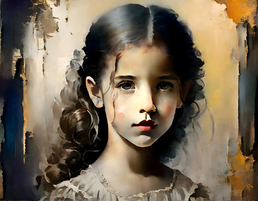 Young girl with curly hair in somber expression, smudged colors, vintage style